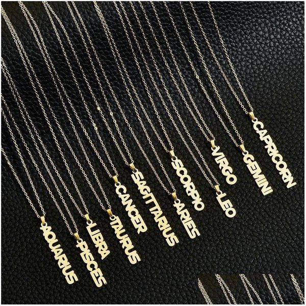 Anhänger Halsketten 12 Sternzeichen Edelstahl Konstellation Buchstabe Goldketten für Männer Frauen Mode Geburtstag Schmuck in BK Drop Dh9Hw