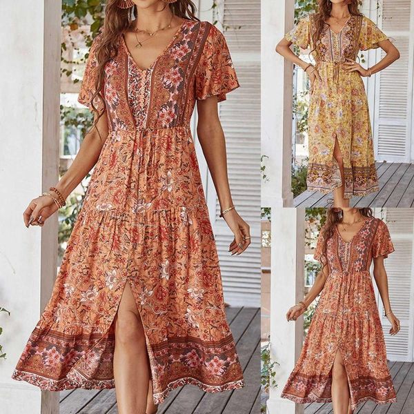 Gonne Mini abito con stampa floreale per donna Abiti sexy con scollo a V manica corta Moda donna Stile Boho Vestido Summer High Street 2023