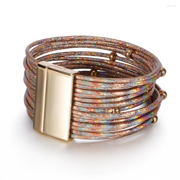 Braccialetti di collegamento 2023 in rilievo europeo e americano graduale multistrato corda in pelle braccialetto da donna magnete in lega gioielli all'ingrosso
