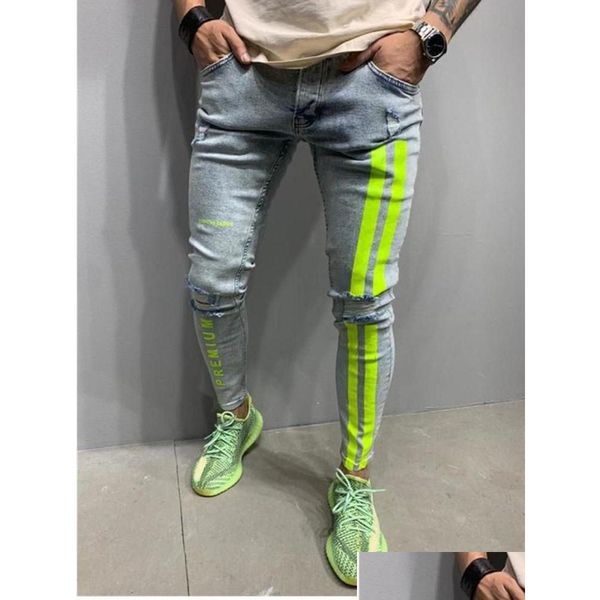 Jeans Masculino Masculino Skinny Listrado Zíper Denim Buraco Lavado Vintage Hip Hop Calças de Trabalho Magras Estampadas Europeias Tamanho Grande Roupas Drop Del Dhunf