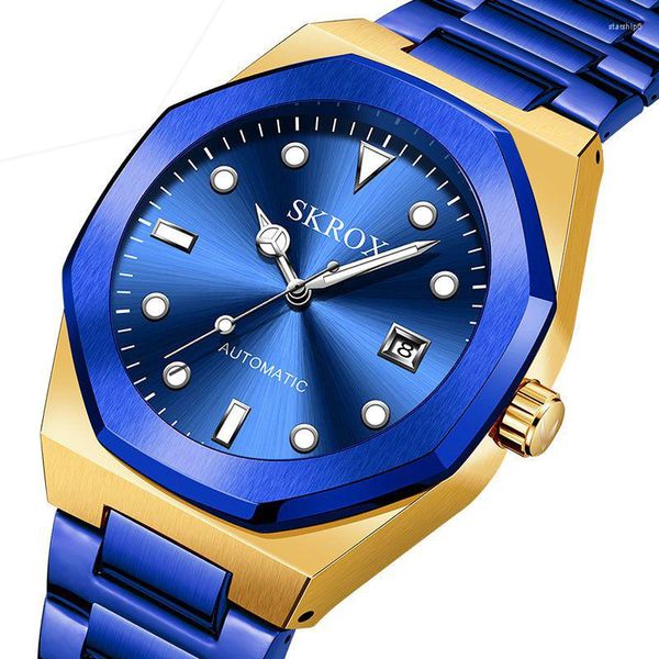 Orologi da polso SKROX Fashion Golden Men Orologi Casual Orologio meccanico da lavoro in acciaio inossidabile impermeabile Top Sport Date Clock