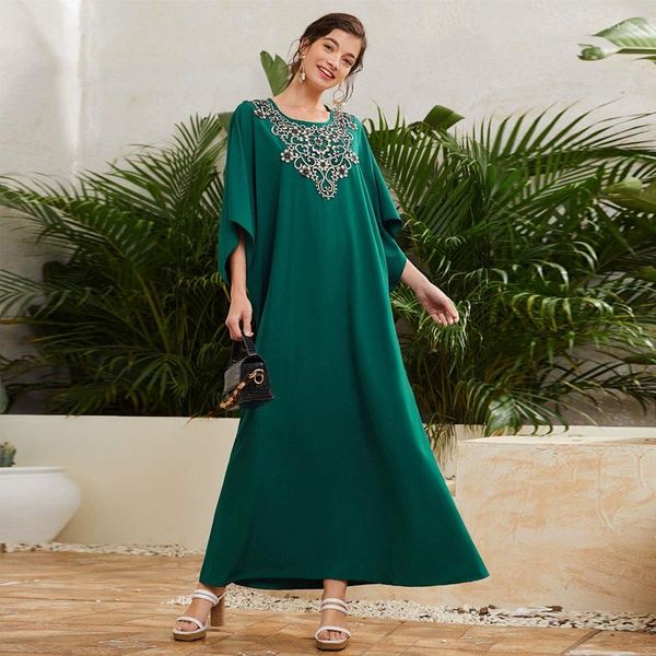 Abbigliamento etnico Abiti Eid Donna Estate 2023 Girocollo Ricamo floreale Abito casual allentato Abiti eleganti Ramadan Abaya Caftano Caftano