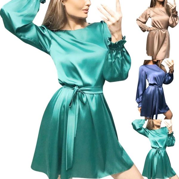 Sıradan Elbiseler 2023 Kadın Saten O Boyun Seksi Elbise Düz Renk Düz Pijama Partisi Zarif Kadın Elastik Bel Dantel Yukarı Vestidos