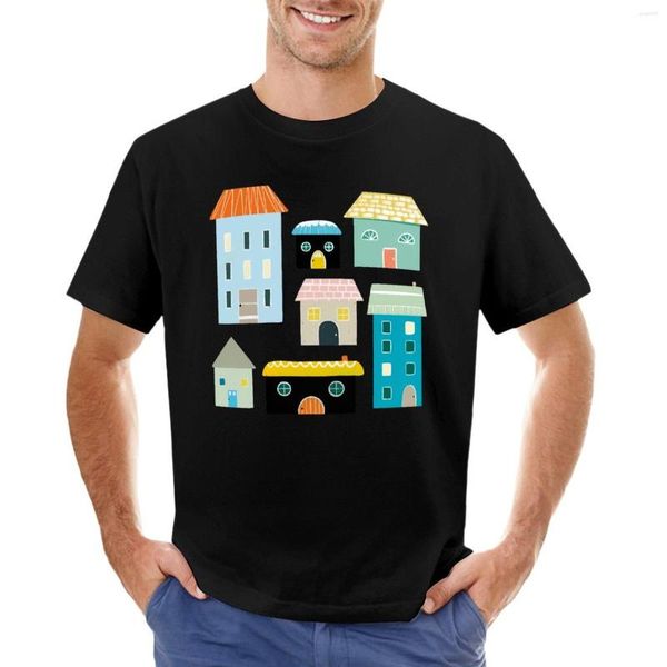 Herren-Poloshirts, süßes blaues und gelbes Haus, Illustrationen, T-Shirt, schwarze T-Shirts, Herren-Shirt-Grafik