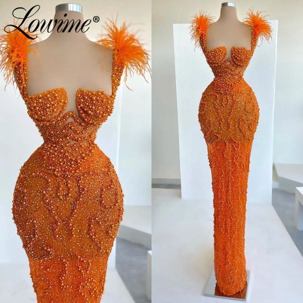 Abiti sexy urbani Lowime Feather Orange Beaded Party Dres Evening Wedding Occasion Personalizza Abiti lunghi da ballo Robe Soiree 230705