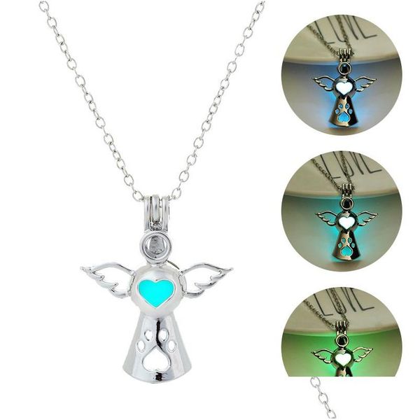 Colares com pingente de luxo Luminous Angel Wings Glow In The Dark Gaiola aberta medalhão Charm Chains For Women Men Fashion Jewelry Bk Drop D Dhlep