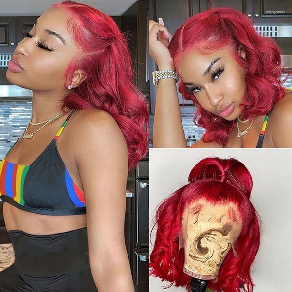 Red Short Bob Wig Lace Frente Human Wigs Wave Dark Brasileiro pré -explodido 180% Remy para mulheres