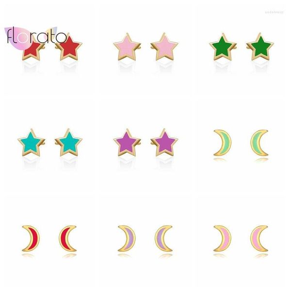 Ohrstecker aus 925er-Sterlingsilber mit süßer bonbonfarbener Emaille, Stern- und Mond-Charm-Ohrring, goldfarben, für Mädchen-Schmuck