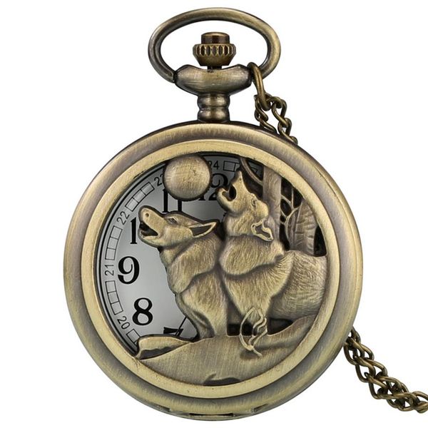 Colar de relógio de bolso Wolf Hound – estilo vintage masculino feminino pingente bronze cobre acabamento movimento quartzo caixa de presente 270N