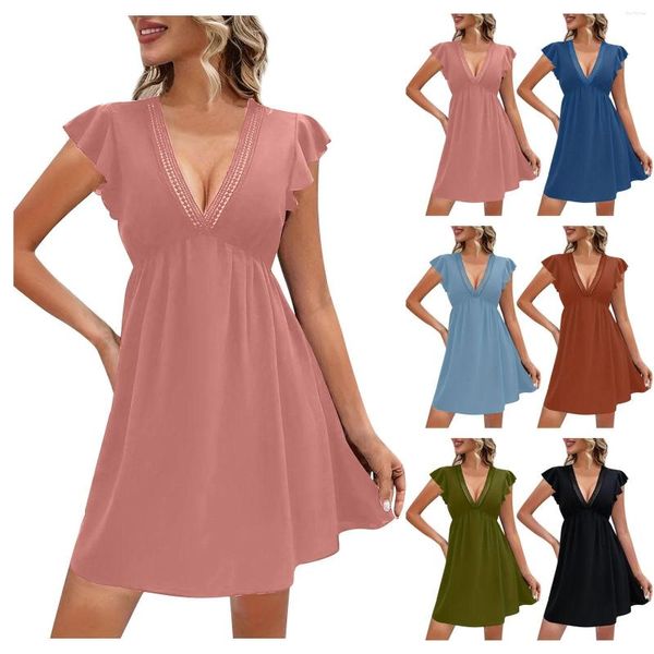 Casual Kleider Frauen Sommer Mode Elegante Einfarbig V-ausschnitt Spitze Cocktailkleid Rüschen Kurzarm Schlitz Wrap Plissee Party vestidos