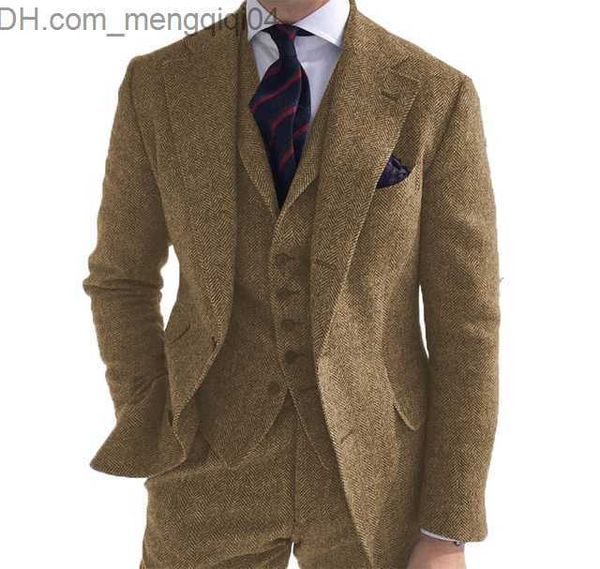 Agasalhos masculinos Terno masculino 3 peças de lã verde tweed espinha de peixe padrão retrô clássico fraque para jaqueta de casamento calças colete Z230707