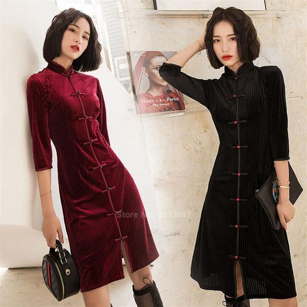 Roupas étnicas outono inverno veludo feminino vestido cheongsam vestidos de casamento tradicionais chineses para menina ano elegante qipao tang su327e