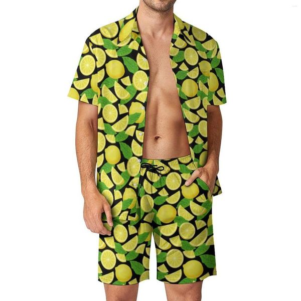 Fatos de treino masculinos Conjuntos masculinos com estampa de limão amarelo Folha verde Calções casuais Conjunto de camisas de praia Conjunto de verão moderno Padrão Mangas curtas Tamanho grande