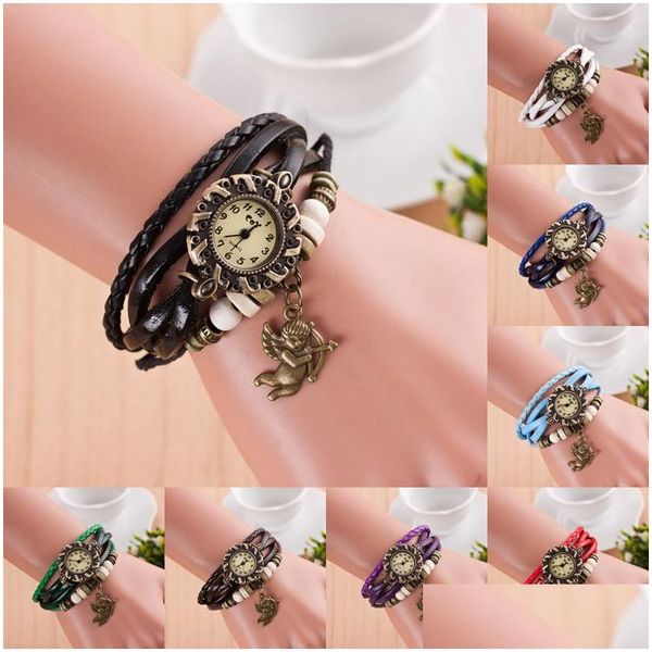 Charm Bracelets Fashion Womens Bracelet Watches Mti Layer Leather Weave Cupid Punk Bangle Quartz Watch For Female Luxury Diy Jewelry Dhzbs