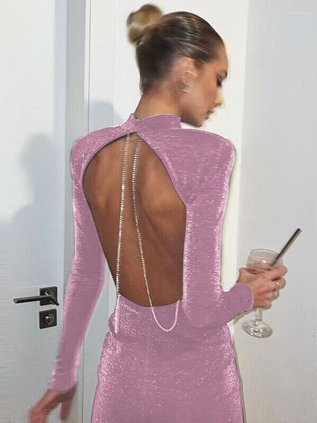 Lässige Kleider Sexy rückenfreies schwarzes Minikleid für Frauen 2023 Frühlingsmode Diamantkette Langarm Bodycon Frau Elegante Party