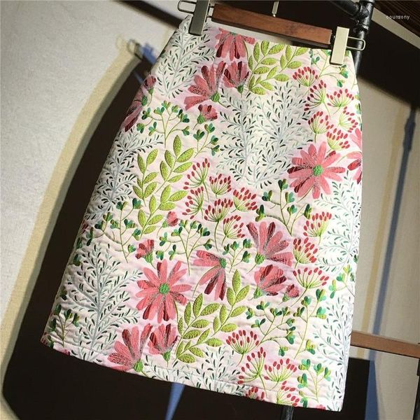 Юбки с цветочными печатными женщинами сладкий стиль высокий талия а-линия элегантная офисная одежда