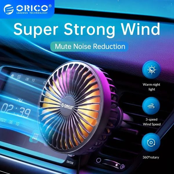 Ventilador de veículo ORICO USB 5V 360 graus giratório para carro, refrigerador de 3 velocidades com luz noturna para carro de verão, caminhão, ventilador de fluxo de ar