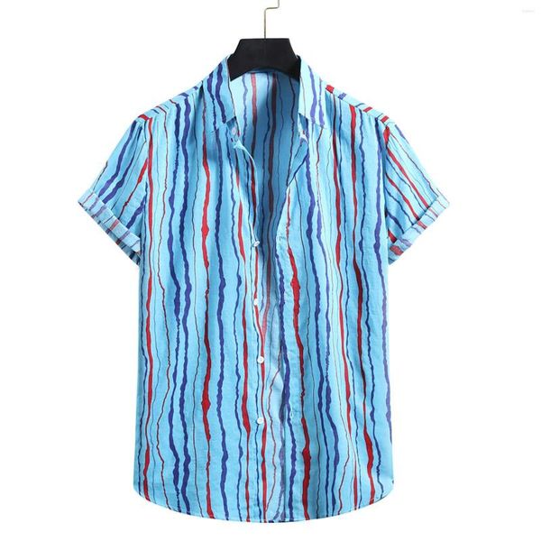 Camisas casuais masculinas listradas bonitas moda masculina de algodão linho estampado camisa de botão de manga curta vermelho azul blusa amarela top cardigã