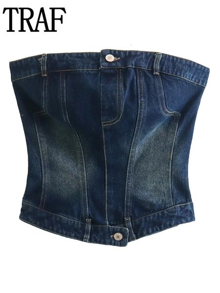 Regata feminina Camis TRAF Denim Espartilho Feminino Azul Crop Top Feminino Tops Tubo Fora do ombro Feminino Streetwear Sexy Bustier Tops Senhoras 230705