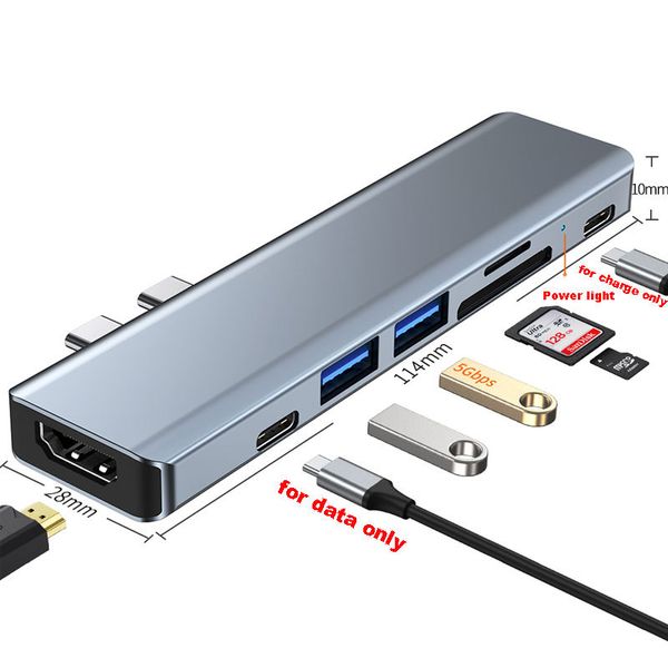USB C Hub 7 em 1 com HDMI 4K Thunderbolt 3 Tipo C TF Leitor de cartão SD Carregamento PD