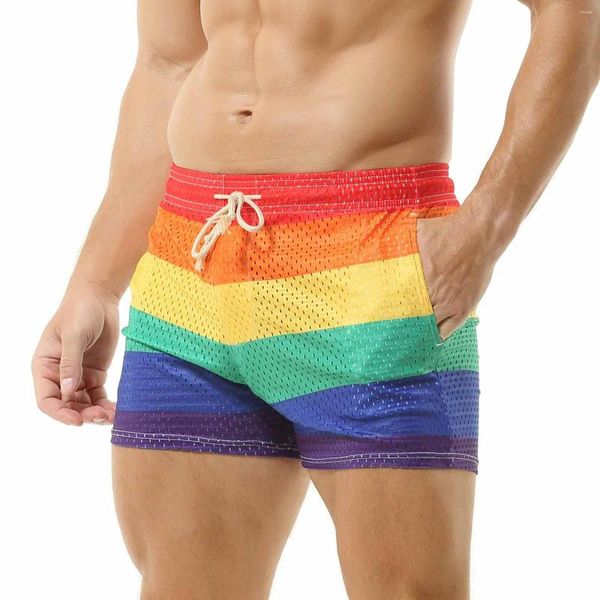 Mutande CLEVER-MENMODE Pantaloncini casual traspiranti in mesh arcobaleno da uomo Tasche da boxer da spiaggia sottili e larghe