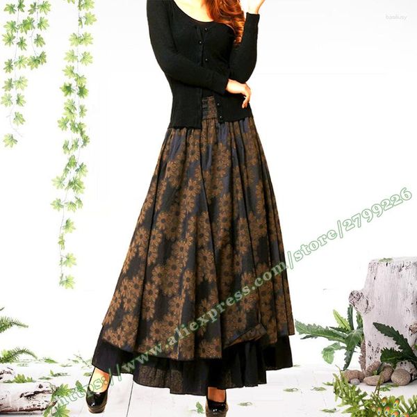 Röcke weiblich lässig Retro Vintage groß Plus Größe 7XL 8XL 6XL Baumwolle Leinen Blumen A-Linie hohe Taille Damenrock / Maxi Damen