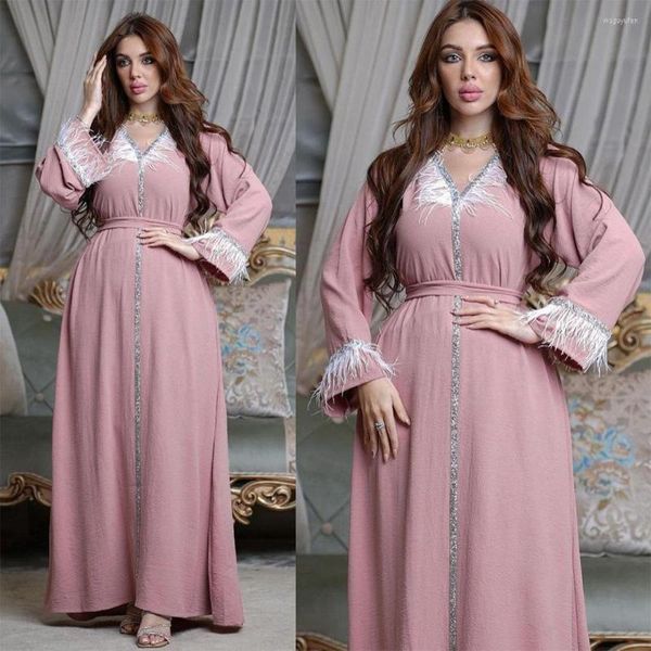 Ethnische Kleidung Elegantes Ramadan-Rosa-Moslem-Abaya-Kleid für Frauen Eid Arab Jalabiya Marocain-Kleidung Türkei Langarm-Marokkaner-Kaftan-Robe