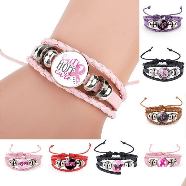 Charm-Armbänder Brustkrebs-Bewusstsein Pink Ribbon für Frauen Walking The Cure Leder-Wickelarmreif Mode Believe Hope Faith Jewelr Dhqpc