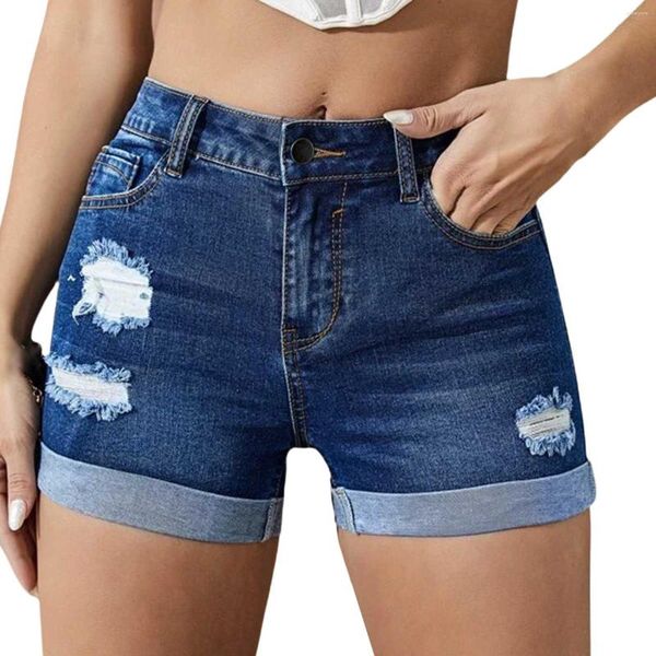 Aktive Shorts Loch Rolling Elastic High Waist Denim Chambray Damen Damen Jean Mittellange kurze Hose für den Sommer