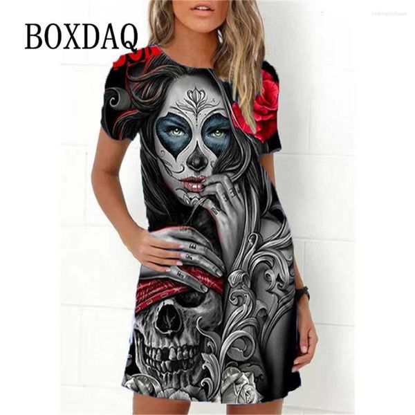 Vestidos de festa 3D Vintage Skull Print Dress2023 Summer Sundress Manga Curta Hip Hop Horror Elegante E Solto Vestido Casual Harajuku