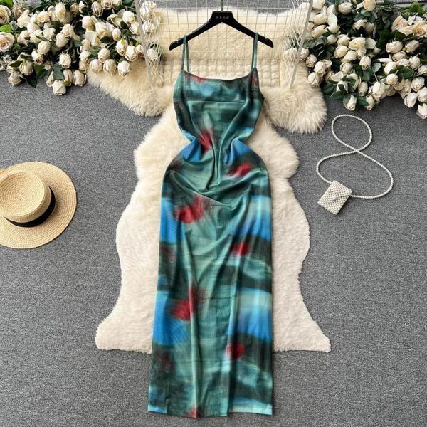 Abiti casual Foamlina French Retro Tie Dye Print Abito con cinturino per spaghetti Moda donna Estate senza maniche Slim Split Beach Holidays Party