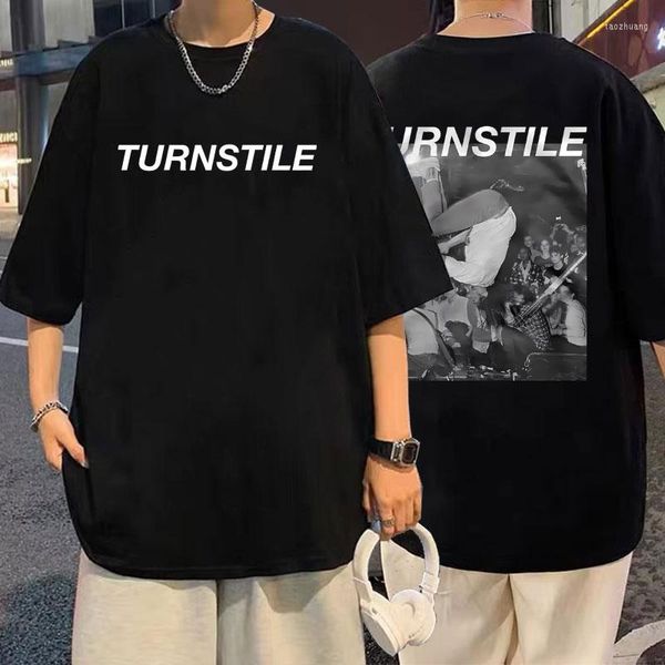 Camisetas masculinas Turnstile Glow On Double Side Print Tshirt Men Fashion Casual Tees Man Hip Hop T-shirt Step To Rhythm Graphic Shirt