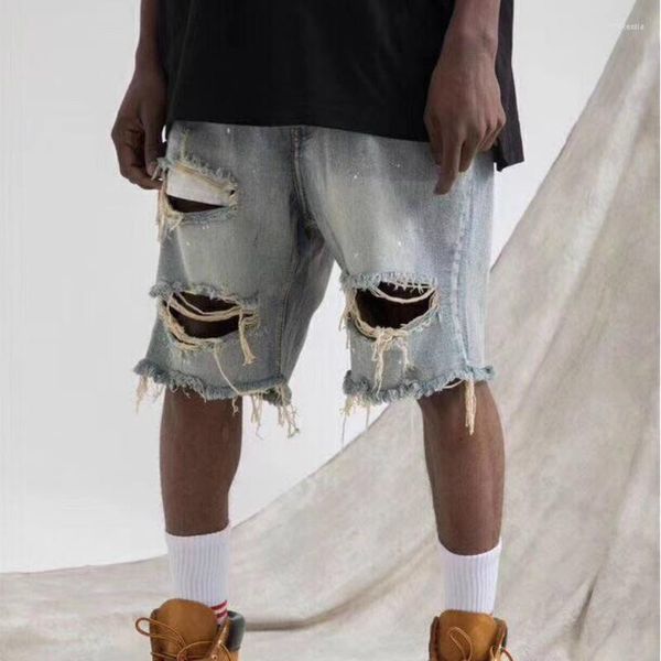Shorts jeans masculinos com tinta spray azul lavado hip hop skatista rasgado streetwear de verão