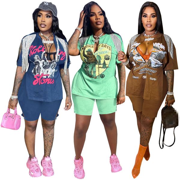 2024 Designer de verão Tracksuits Hip Hop Duas peças Set Mulheres Outfits Manga Curta Borlas Dividir T-shirt e Shorts Imprimir Sportswear Streetwear Roupas por atacado 9404