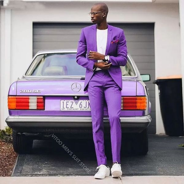 Moda Purple İnce Fit Erkekler Düğün için Smokin 2 Parçalar İki Düğme Sağdıç Giyim Özel Yapımı Sıradan Blazer ve Pantolon