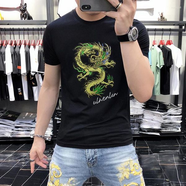 Camisetas masculinas de algodão tendência de primavera e verão com estilo chinês estampado longo de alta qualidade meia manga camiseta camisa grande