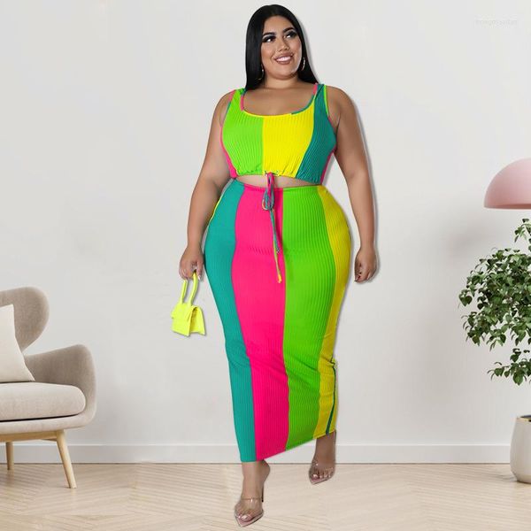 Abiti da lavoro WUHE Summer Stripe Print Women Plus Size Set Canotte Crop Top Coulisse in vita Gonne longuette Due set da 2 pezzi Sexy Fashion Outfit