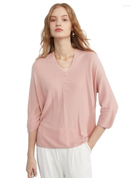 T-shirt da donna T-shirt di fascia alta 85% vera seta 15% cashmere 2023 S/S Top T-shirt allentata con scollo a V da donna Worsted Ultrathin No-Seam Knitting Soft