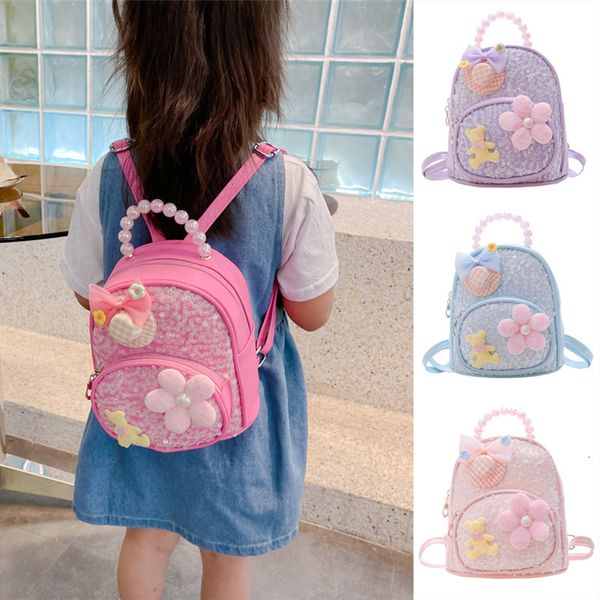 Zaini INS Borse da scuola per bambini 2023 PU Fiocco con paillettes Versione coreana Moda Tempo libero Viaggi Ragazza Accessori Perla Bambini 230705