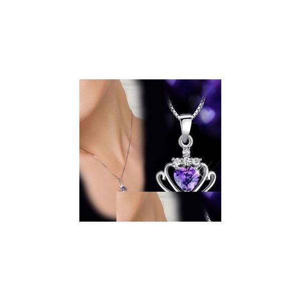 Colares com Pingente Coreano Feminino Coroa Rainha Princesa Roxo Branco Cristal Pingente de Diamante Corrente Banhada a Prata Para Senhora Moda Drop De Dhxdw