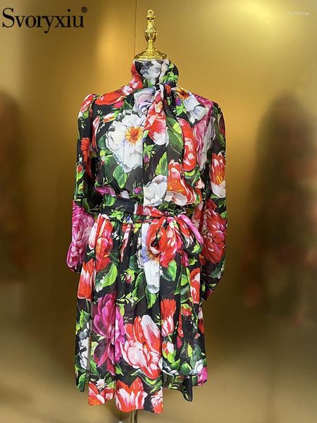 Abiti casual Svoryxiu Primavera Estate Fashion Designer Vintage Flower Print Mini abito in pura seta Manica a lanterna da donna Vita ampia