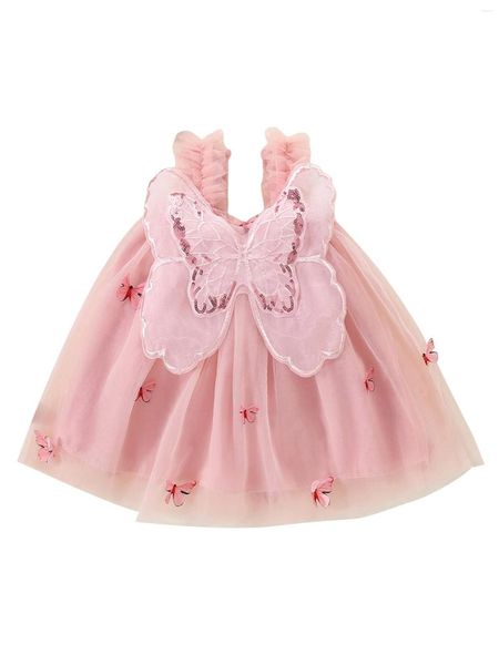 Vestidos de menina Vestido de tutu sem mangas com estampa floral de bebê com detalhe de asa de borboleta 3D para casamento de verão na praia e festa de princesa