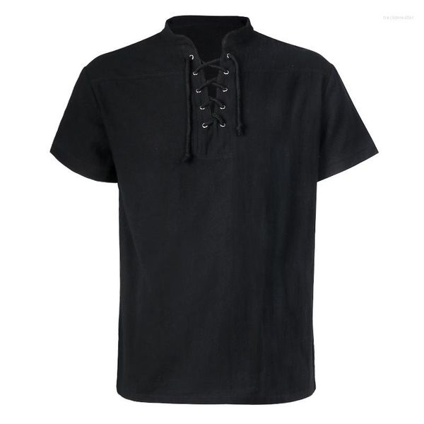 Camicie casual da uomo Vintage Black Distressed Henley Shirt Men 2023 Brand Short Sleeve Lace Up Washed Costume medievale di Halloween