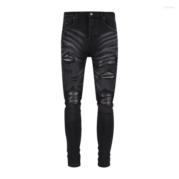 Jeans Masculino 2023 Chegada High Street Preto Rasgado com Remendo de Buraco Calças Denim Calças Casual Man Patchwork