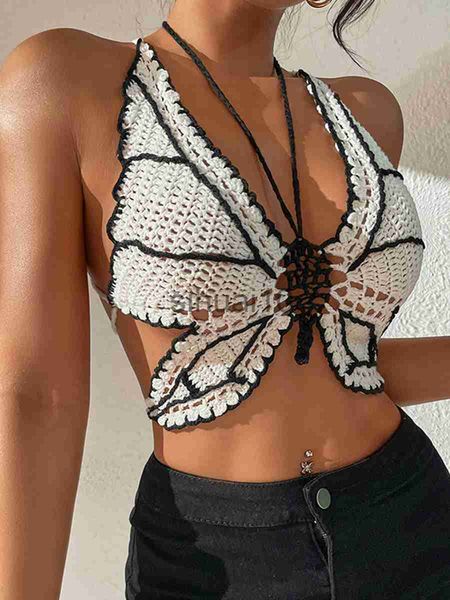 DIY Tanks Camis Women Bikini Tops Contrast Color Sleeveless Bandage Backless Knit Crochet Butterfly Maiôs Tops Beachwear novo J230706