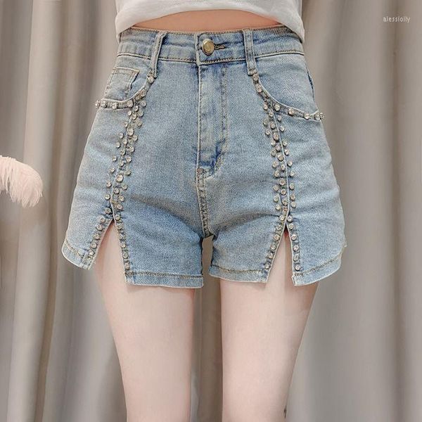 Damen Jeans Denim Shorts Sommer 2023 Koreanische Version Schwere Industrie Nagelperle Intarsien Diamant Schlanke und vielseitige geteilte Hose