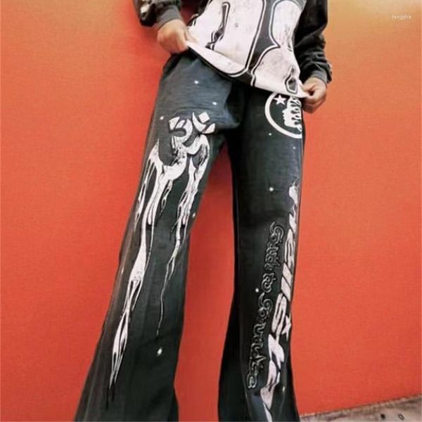 Calças masculinas Hellstar cinza super largas retrô estampadas esportivas casuais e femininas cargo boca de sino