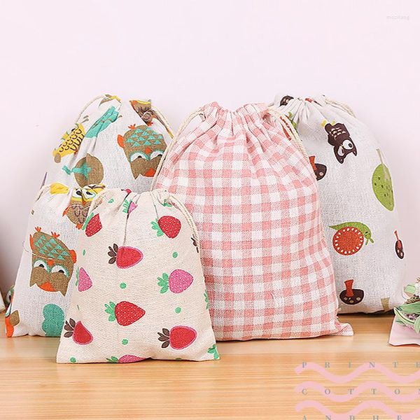 Bolsas de almacenamiento, bolsa de tela de lino y algodón, bolsa con cordón, bonito estampado de plantas y animales, zapatos de tela de viaje para niños, estuche de maquillaje, regalo de Navidad