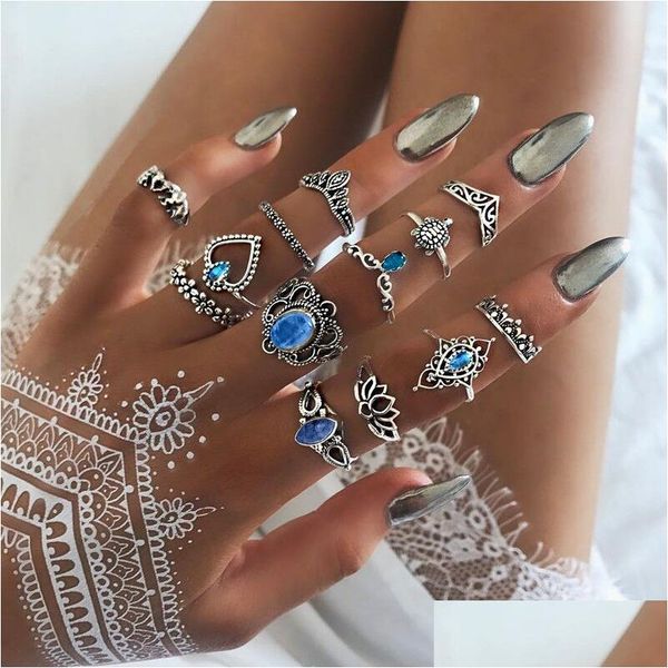 Cluster Rings Fashion Carve Antique Sier Midi Set per le donne Turtle Crown Heart Lotus Knuckle Finger Female Bohemian Jewelry Gift Dro Dhsxb