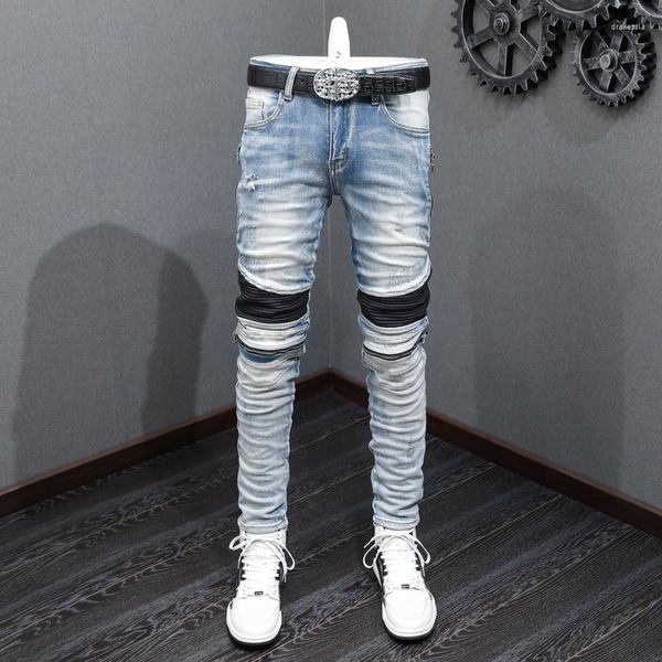 Jeans da uomo High Street Fashion Men Retro Light Blue Stretch Skinny strappato Biker Homme Spliced Designer Hip Hop Pantaloni di marca